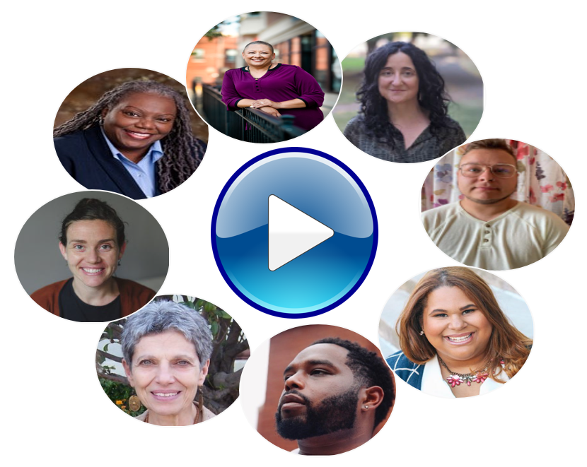 Collage of people in circular frames surrounding a play button, representing a video or multimedia content.